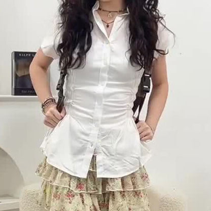 Short-Sleeve Collared Shirred Shirt