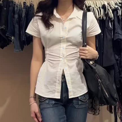 Short-Sleeve Collared Shirred Shirt