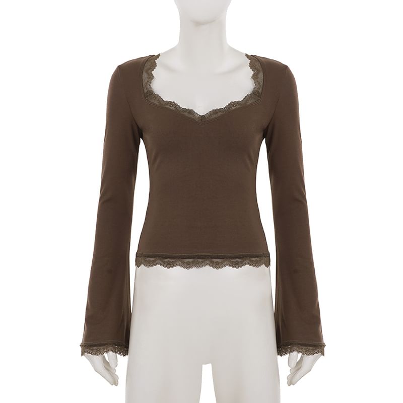 V-Neck Long-Sleeve Lace Panel Top