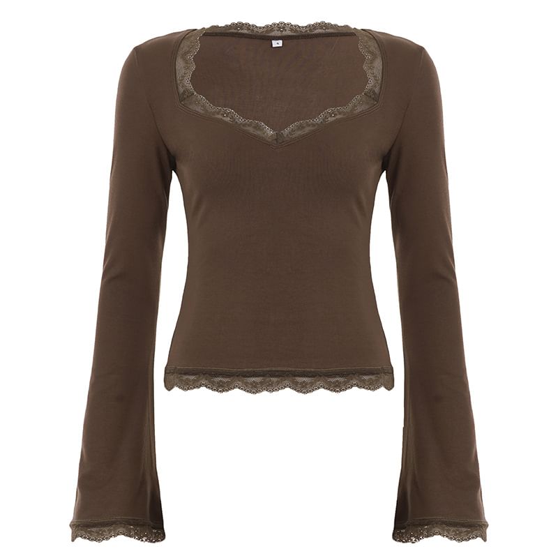 V-Neck Long-Sleeve Lace Panel Top