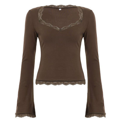 V-Neck Long-Sleeve Lace Panel Top