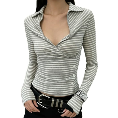 Long-Sleeve Collared V-Neck Striped Wrap Top with Buttons