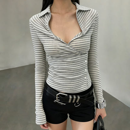 Long-Sleeve Collared V-Neck Striped Wrap Top with Buttons