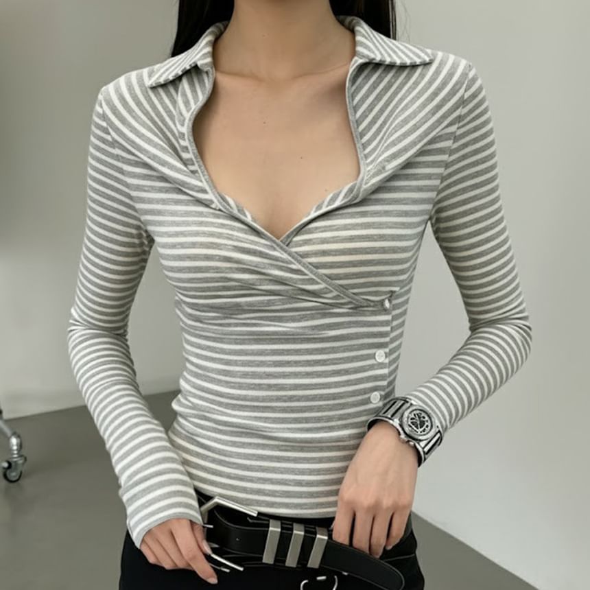 Long-Sleeve Collared V-Neck Striped Wrap Top with Buttons