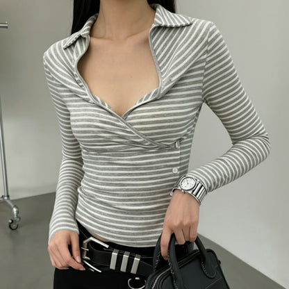 Long-Sleeve Collared V-Neck Striped Wrap Top with Buttons