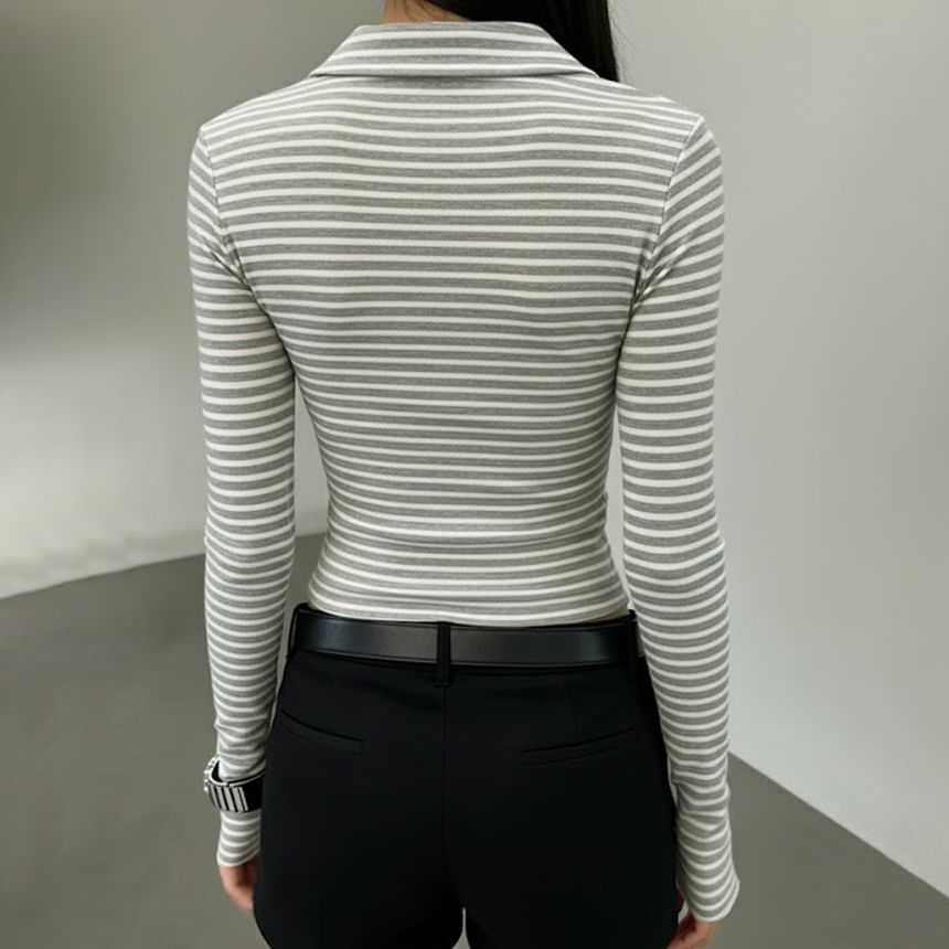 Long-Sleeve Collared V-Neck Striped Wrap Top with Buttons