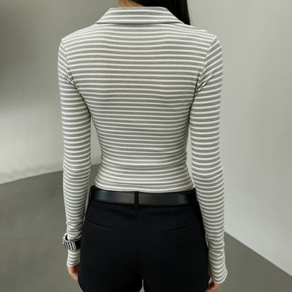 Long-Sleeve Collared V-Neck Striped Wrap Top with Buttons