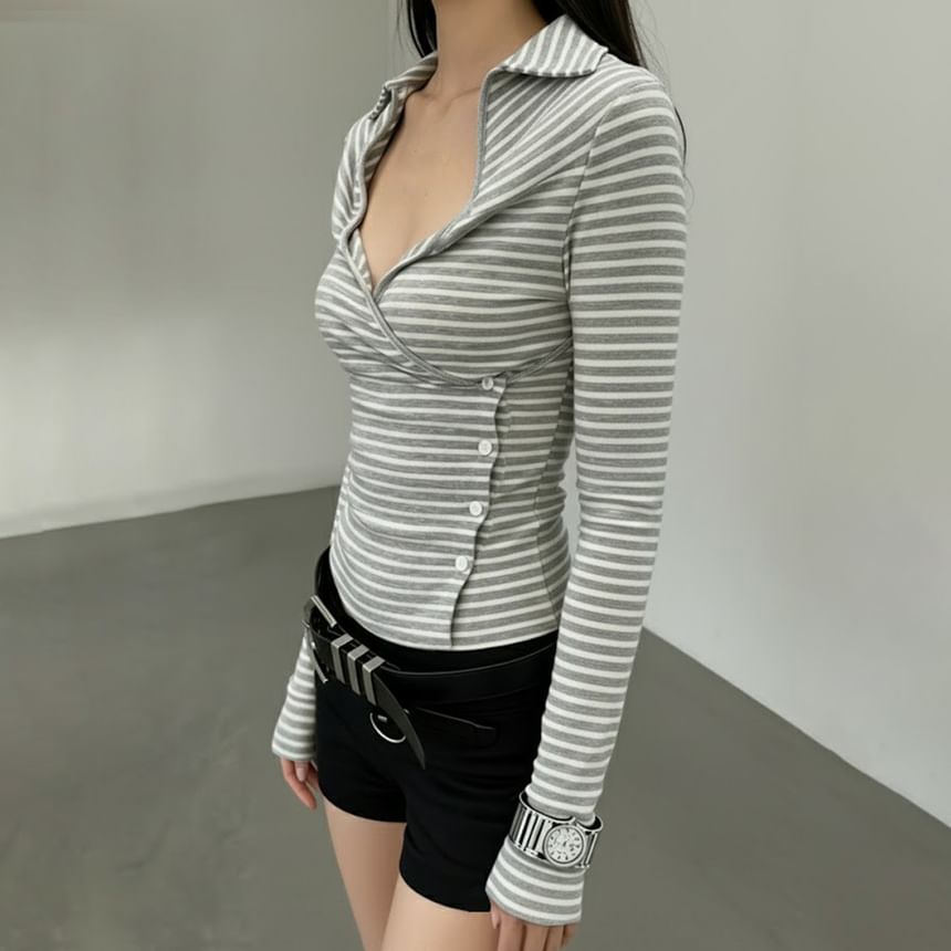 Long-Sleeve Collared V-Neck Striped Wrap Top with Buttons