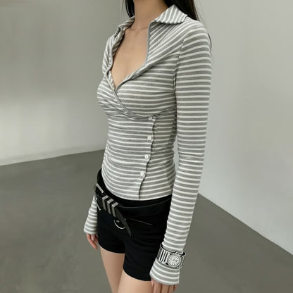 Long-Sleeve Collared V-Neck Striped Wrap Top with Buttons
