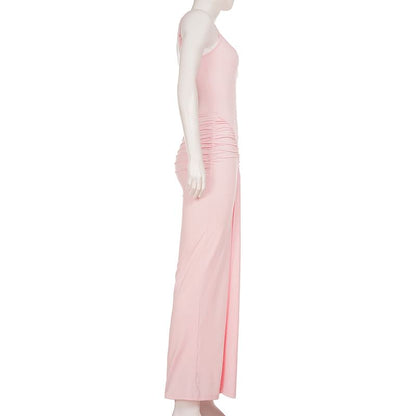 Spaghetti Strap Plain Ruched Slit Maxi Sheath Dress