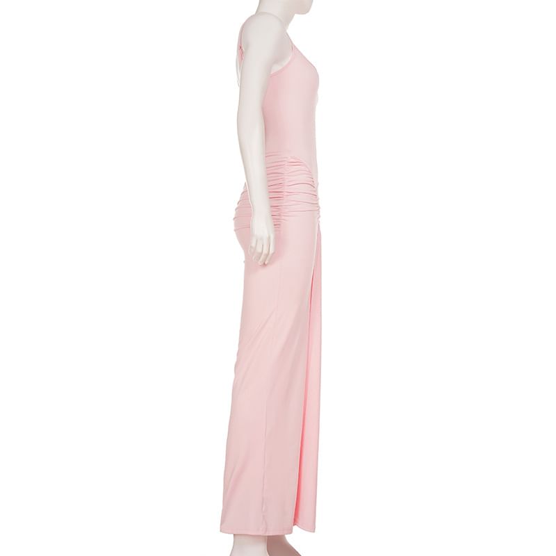 Spaghetti Strap Plain Ruched Slit Maxi Sheath Dress