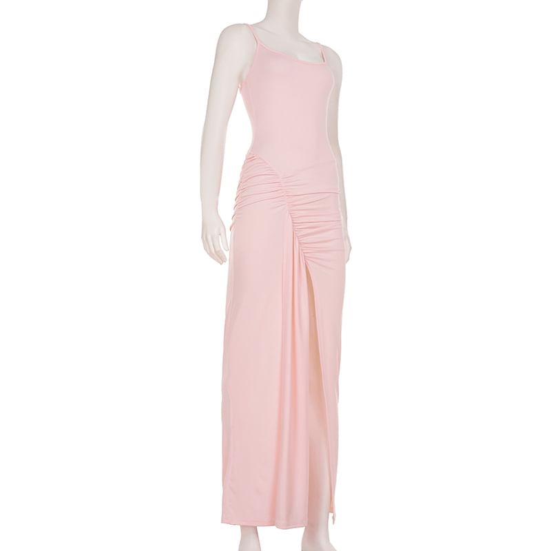 Spaghetti Strap Plain Ruched Slit Maxi Sheath Dress