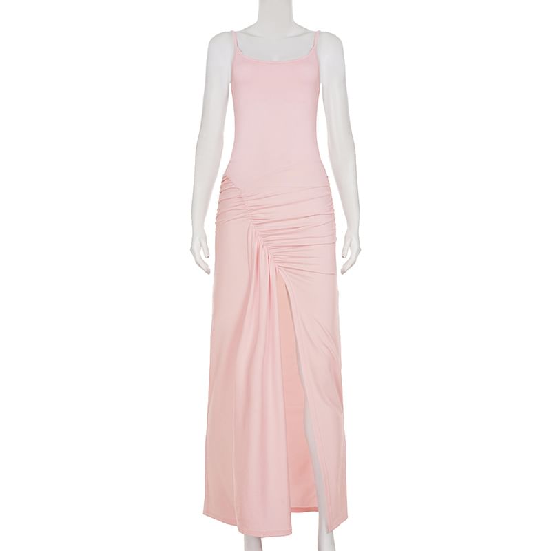 Spaghetti Strap Plain Ruched Slit Maxi Sheath Dress