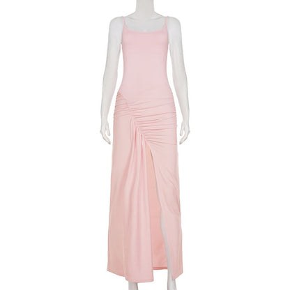 Spaghetti Strap Plain Ruched Slit Maxi Sheath Dress