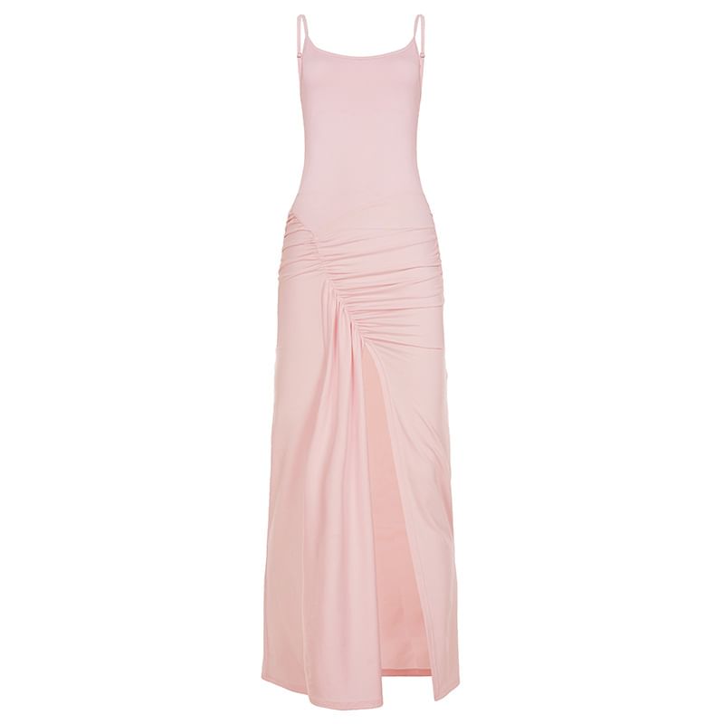 Spaghetti Strap Plain Ruched Slit Maxi Sheath Dress