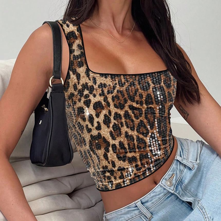 Sequin Leopard Print Square Neck Tank