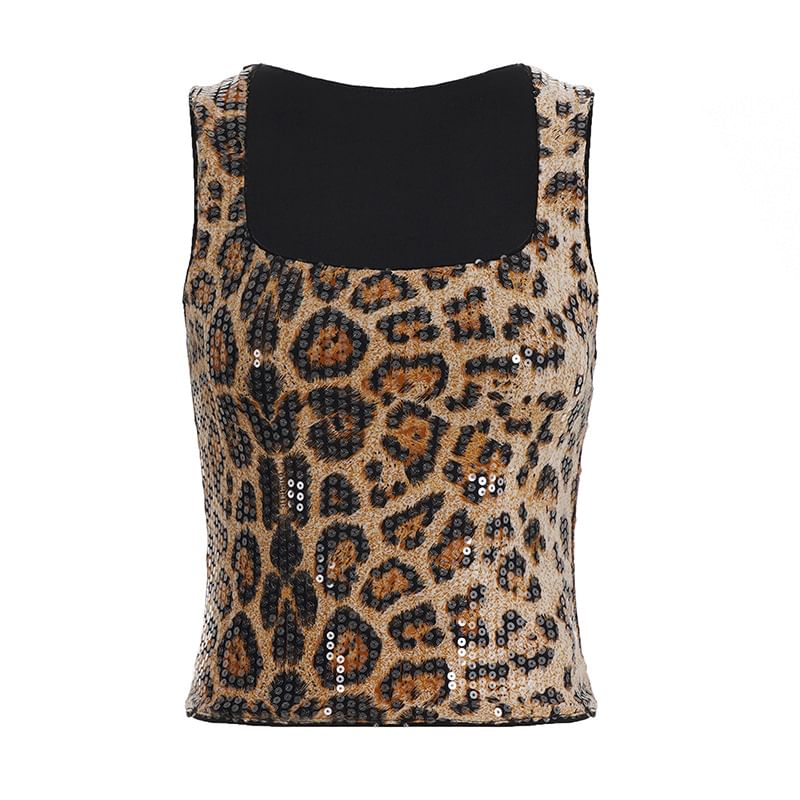 Sequin Leopard Print Square Neck Tank