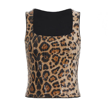 Sequin Leopard Print Square Neck Tank