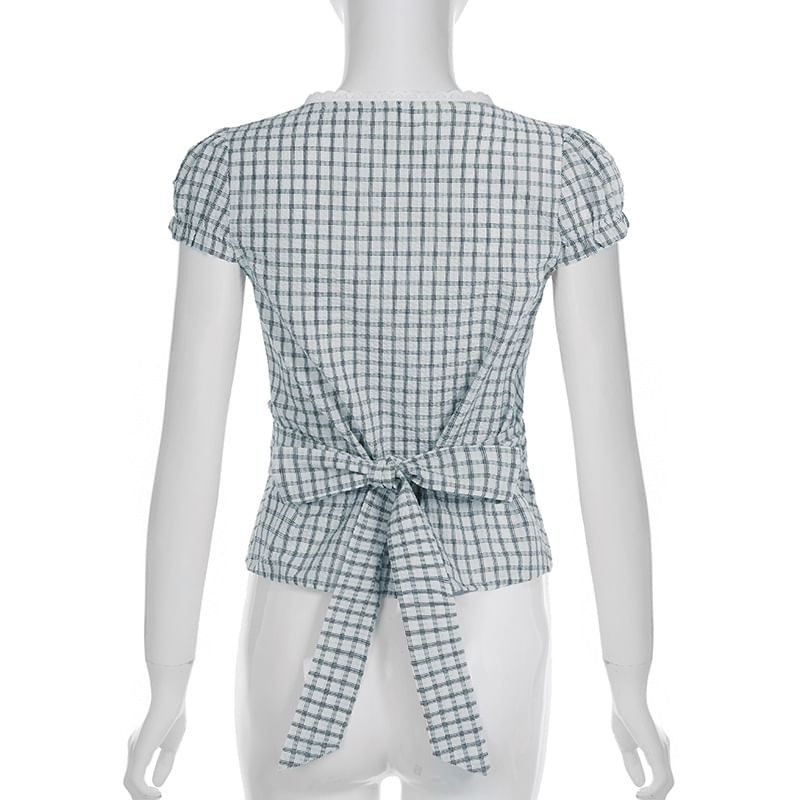 Cap Sleeve V-Neck Plaid Tie-Back Blouse