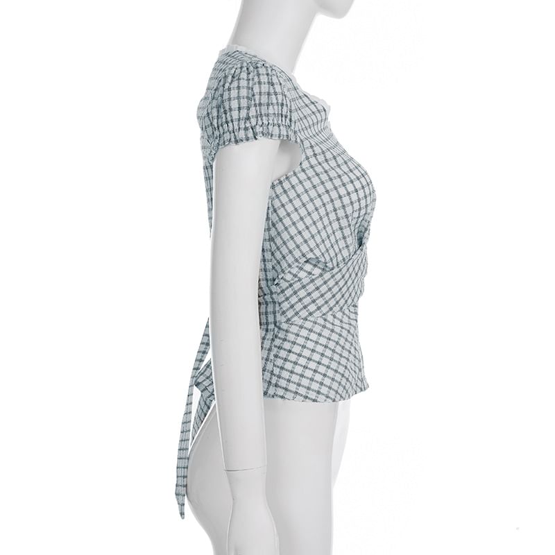 Cap Sleeve V-Neck Plaid Tie-Back Blouse