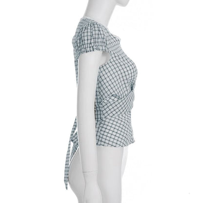 Cap Sleeve V-Neck Plaid Tie-Back Blouse