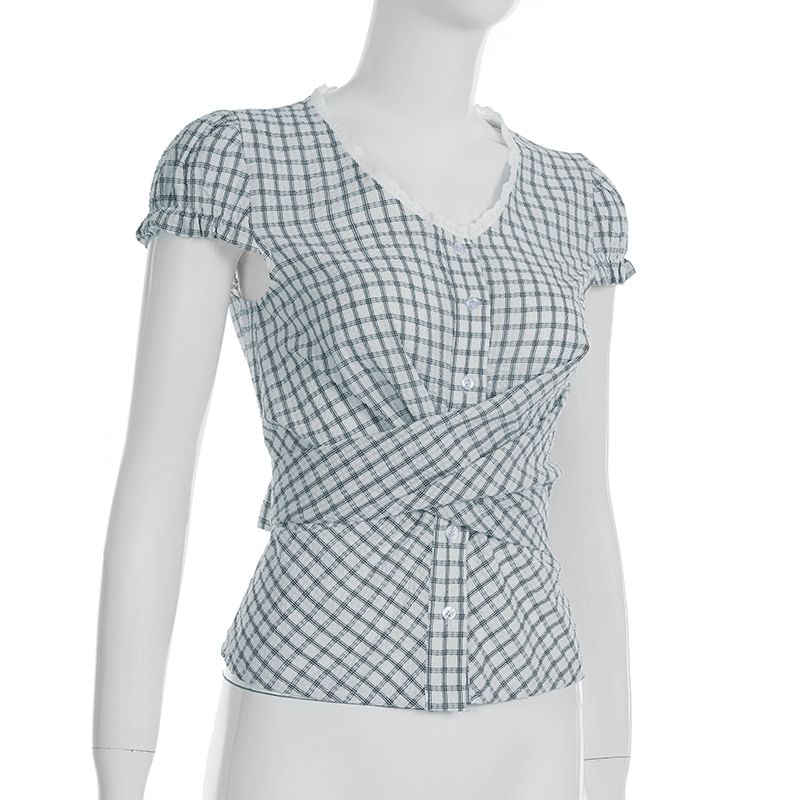 Cap Sleeve V-Neck Plaid Tie-Back Blouse