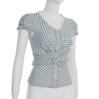 Cap Sleeve V-Neck Plaid Tie-Back Blouse