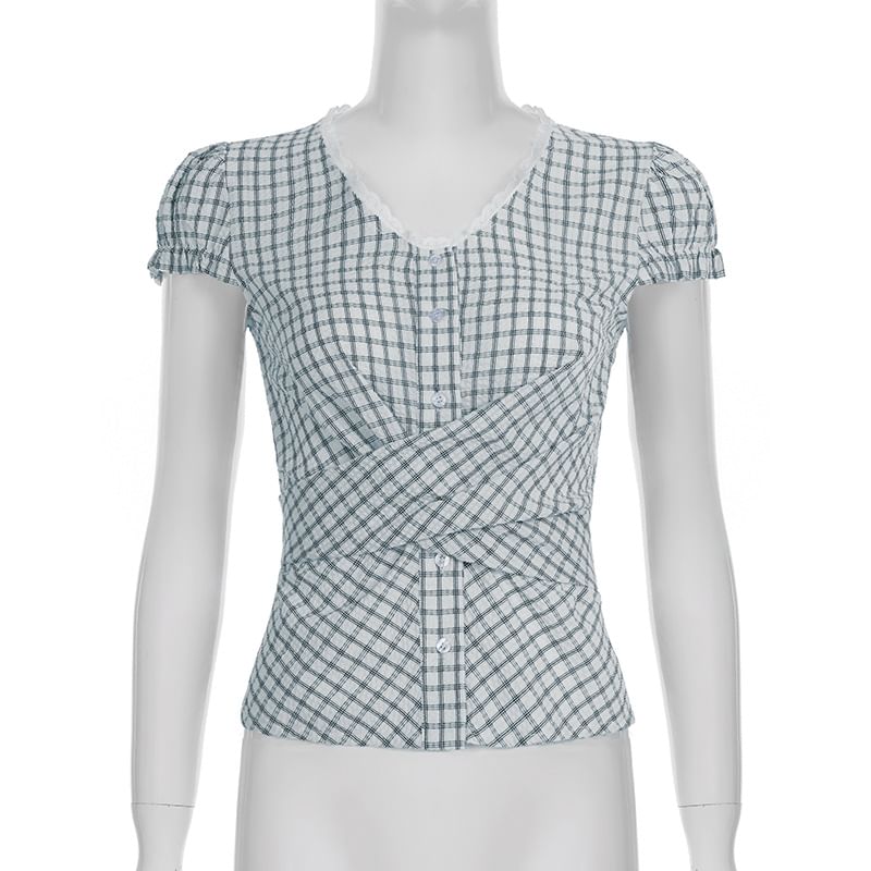Cap Sleeve V-Neck Plaid Tie-Back Blouse