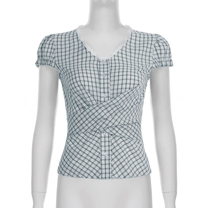 Cap Sleeve V-Neck Plaid Tie-Back Blouse
