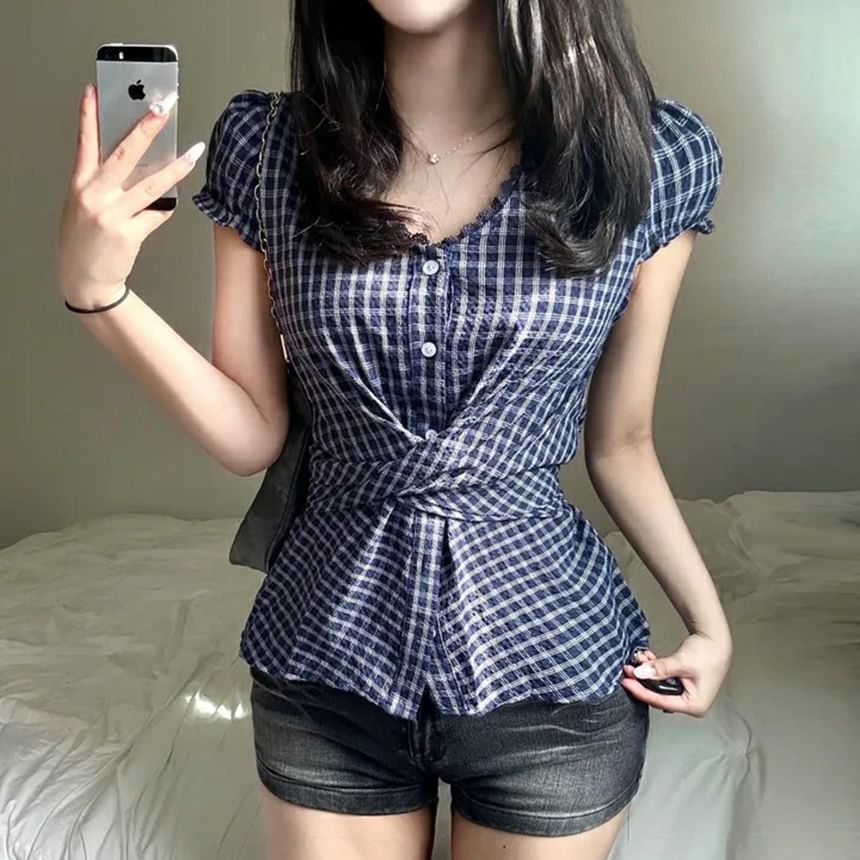 Cap Sleeve V-Neck Plaid Tie-Back Blouse