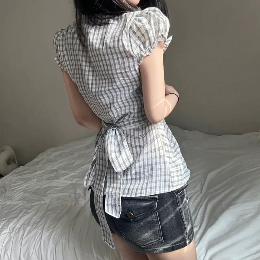 Cap Sleeve V-Neck Plaid Tie-Back Blouse