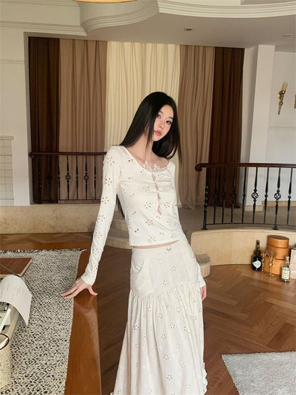 Lace Top and High Waist A-Line Maxi Skirt Set
