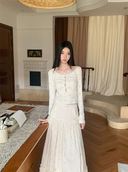 Lace Top and High Waist A-Line Maxi Skirt Set