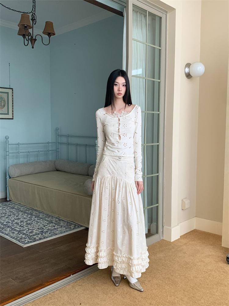 Lace Top and High Waist A-Line Maxi Skirt Set