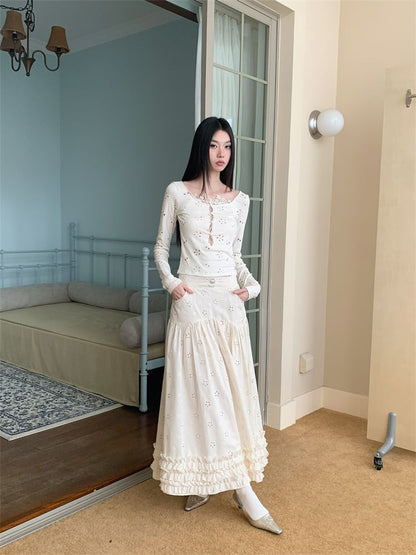 Lace Top and High Waist A-Line Maxi Skirt Set