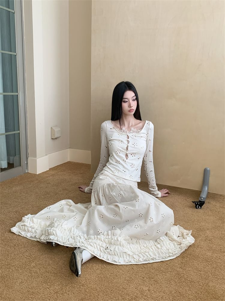 Lace Top and High Waist A-Line Maxi Skirt Set
