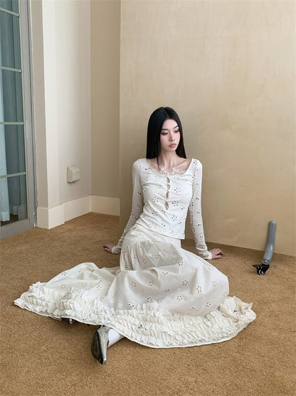 Lace Top and High Waist A-Line Maxi Skirt Set