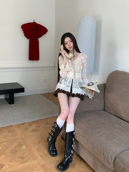 V-Neck Lace Top with Long Sleeves