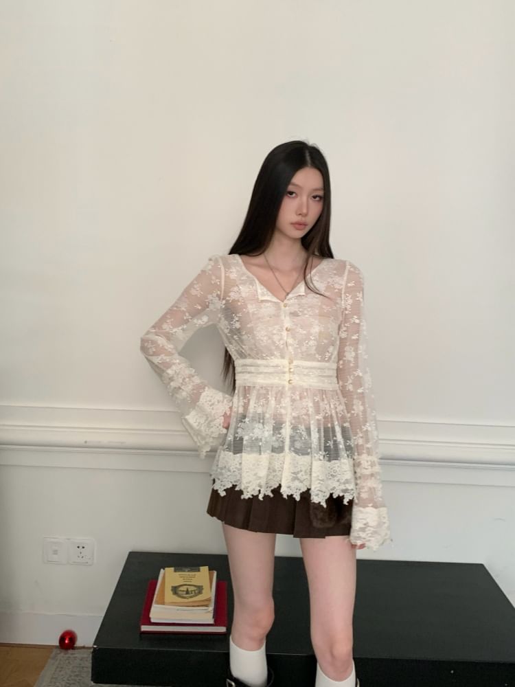 V-Neck Lace Top with Long Sleeves