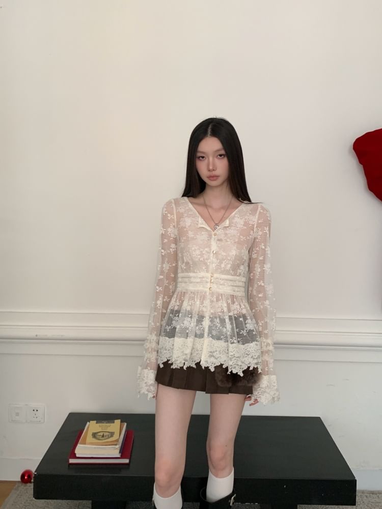 V-Neck Lace Top with Long Sleeves