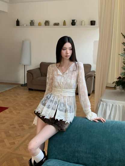 V-Neck Lace Top with Long Sleeves