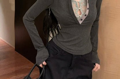Mock Two-Piece Polo with Lace Panels and Contrast Collar