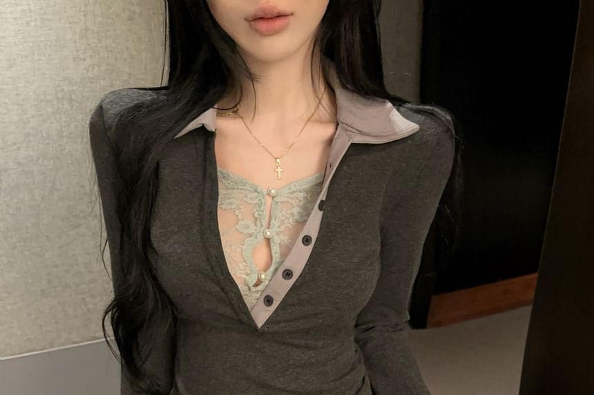 Mock Two-Piece Polo with Lace Panels and Contrast Collar