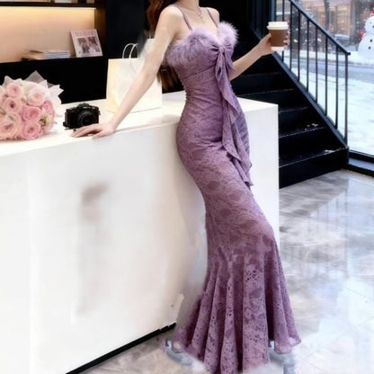 Spaghetti Strap Furry Trim Maxi Mermaid Dress