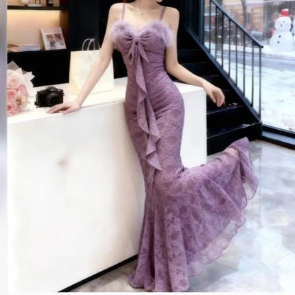 Spaghetti Strap Furry Trim Maxi Mermaid Dress