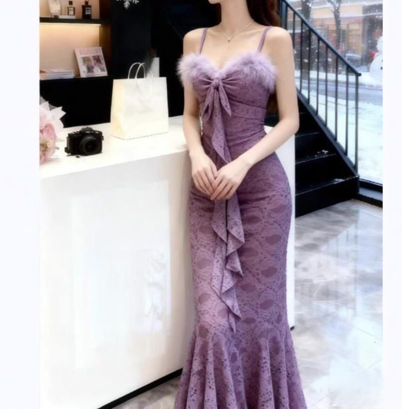 Spaghetti Strap Furry Trim Maxi Mermaid Dress