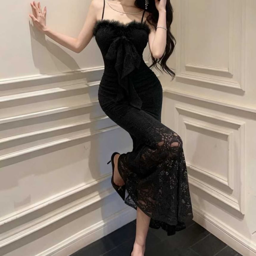 Spaghetti Strap Furry Trim Maxi Mermaid Dress