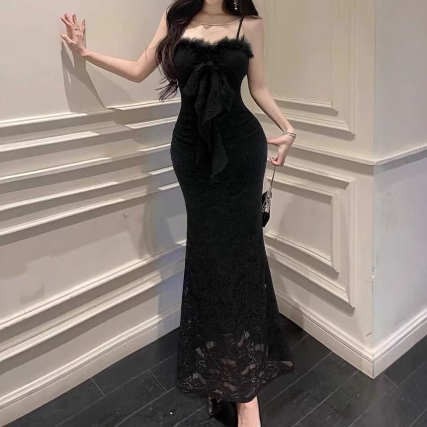 Spaghetti Strap Furry Trim Maxi Mermaid Dress