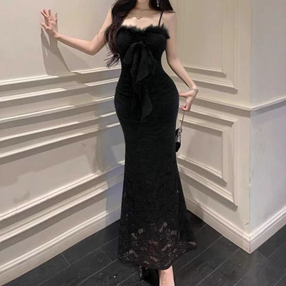 Spaghetti Strap Furry Trim Maxi Mermaid Dress