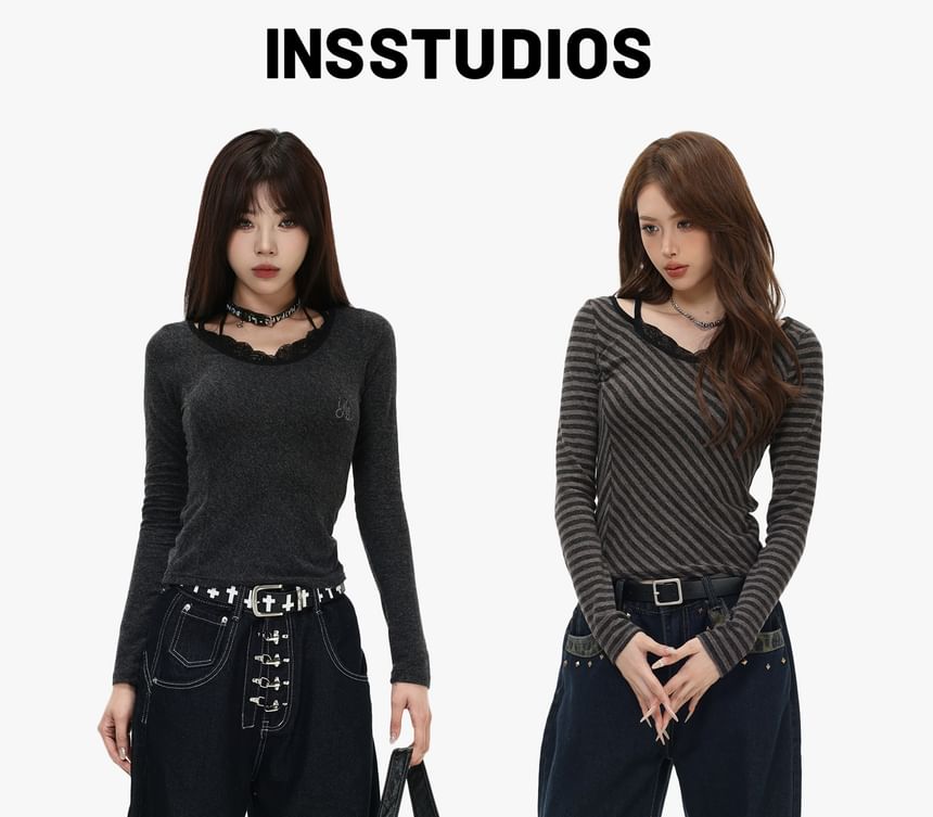 Mock Two-Piece Tee with Lace Panel